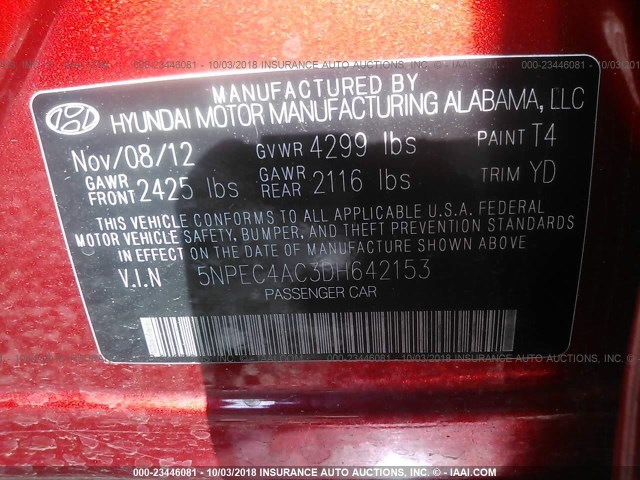 5NPEC4AC3DH642153 - 2013 HYUNDAI SONATA SE/LIMITED RED photo 9