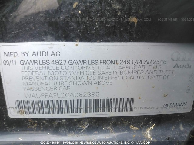 WAUFFAFL2CA062382 - 2012 AUDI A4 PREMIUM PLUS BLACK photo 9