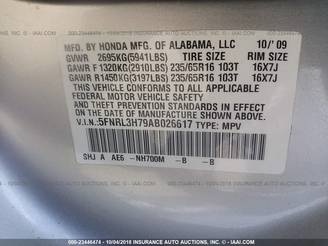 5FNRL3H79AB026617 - 2010 HONDA ODYSSEY EXL SILVER photo 9