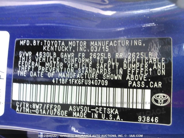 4T1BF1FK6FU940709 - 2015 TOYOTA CAMRY LE/XLE/SE/XSE BLUE photo 9