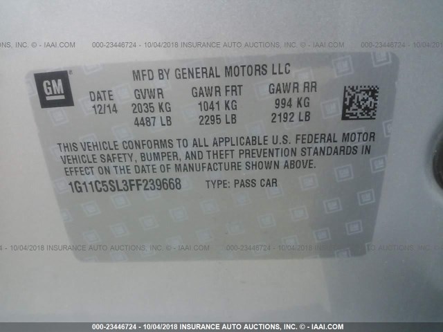 1G11C5SL3FF239668 - 2015 CHEVROLET MALIBU 1LT 银色 照片 9