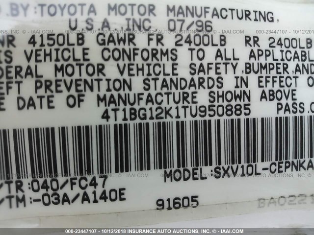 4T1BG12K1TU950885 - 1996 TOYOTA CAMRY DX/LE/XLE WHITE photo 9