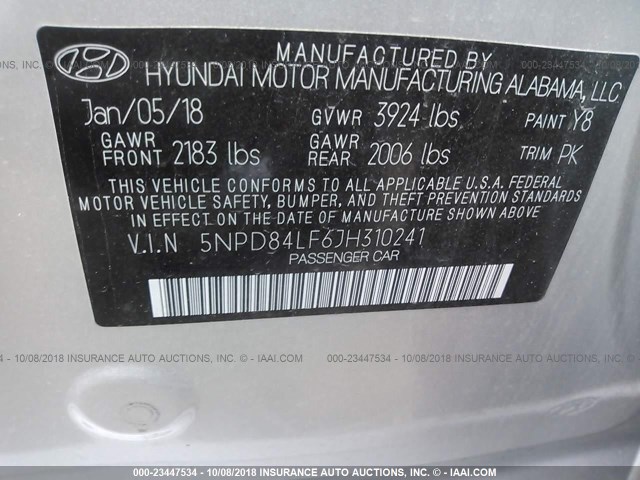 5NPD84LF6JH310241 - 2018 HYUNDAI ELANTRA SEL/VALUE/LIMITED SILVER photo 9