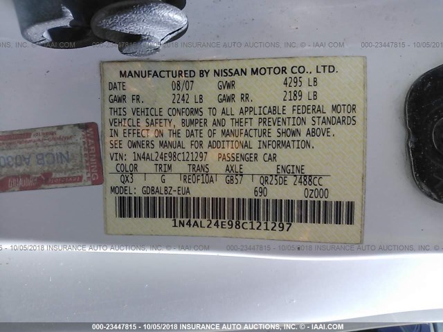 1N4AL24E98C121297 - 2008 NISSAN ALTIMA 2.5S WHITE photo 9