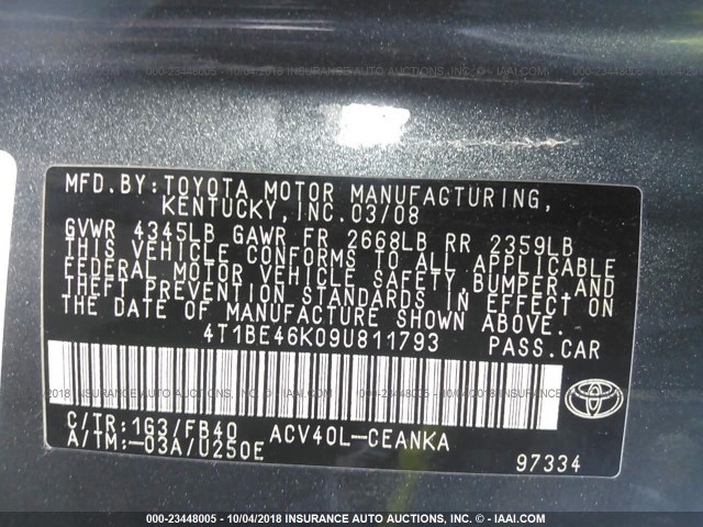 4T1BE46K09U811793 - 2009 TOYOTA CAMRY SE/LE/XLE GRAY photo 9