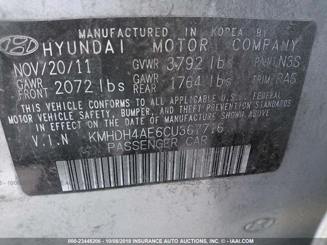 KMHDH4AE6CU367716 - 2012 HYUNDAI ELANTRA GLS/LIMITED SILVER photo 9