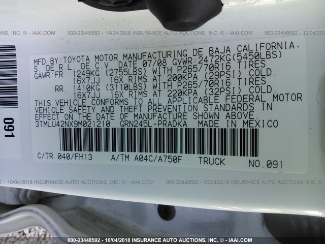 3TMLU42NX9M021210 - 2009 TOYOTA TACOMA DOUBLE CAB 白色 照片 9