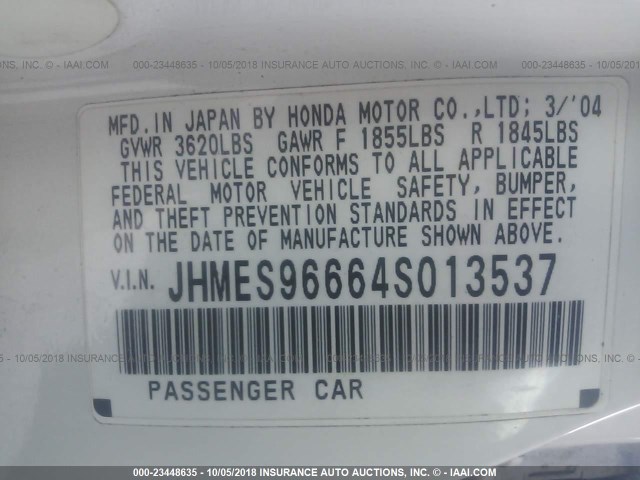 JHMES96664S013537 - 2004 HONDA CIVIC HYBRID WHITE photo 9