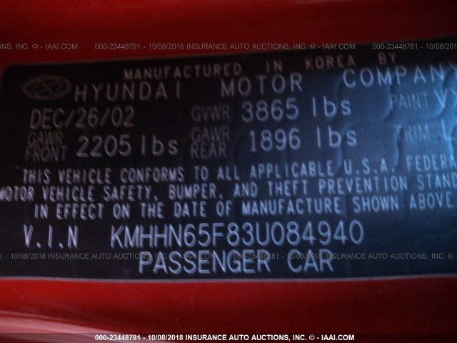 KMHHN65F83U084940 - 2003 HYUNDAI TIBURON GT RED photo 9