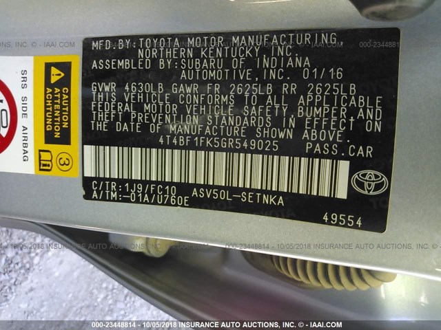 4T4BF1FK5GR549025 - 2016 TOYOTA CAMRY LE/XLE/SE/XSE SILVER photo 9