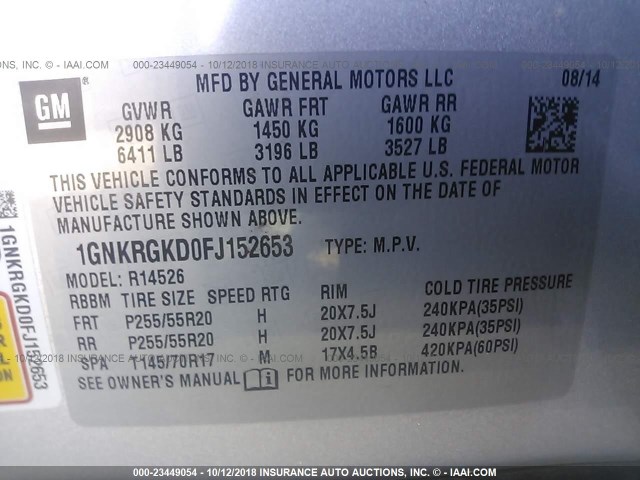 1GNKRGKD0FJ152653 - 2015 CHEVROLET TRAVERSE LT SILVER photo 9