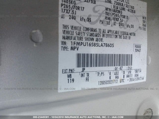 1FMPU16585LA78605 - 2005 FORD EXPEDITION XLT SILVER photo 9