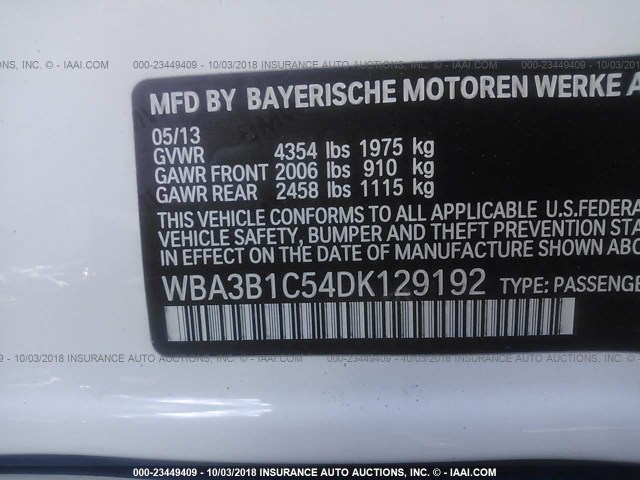 WBA3B1C54DK129192 - 2013 BMW 320 WHITE photo 9