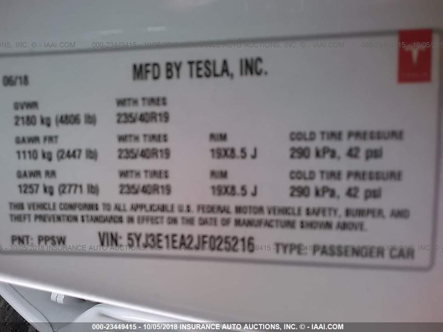 5YJ3E1EA2JF025216 - 2018 TESLA MODEL 3 თეთრი ფოტო 9