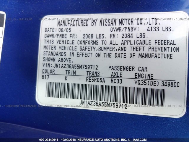 JN1AZ36A55M759712 - 2005 NISSAN 350Z ROADSTER BLUE photo 9