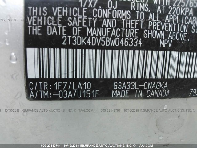 2T3DK4DV5BW046334 - 2011 TOYOTA RAV4 LIMITED SILVER photo 9