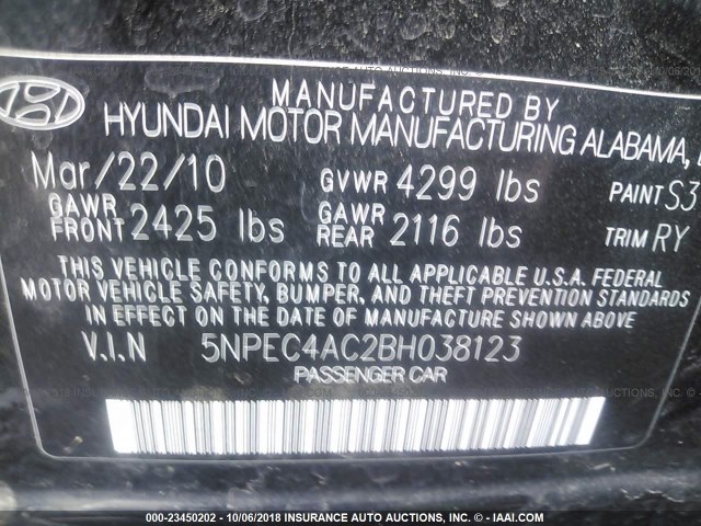 5NPEC4AC2BH038123 - 2011 HYUNDAI SONATA SE/LIMITED BLACK photo 9