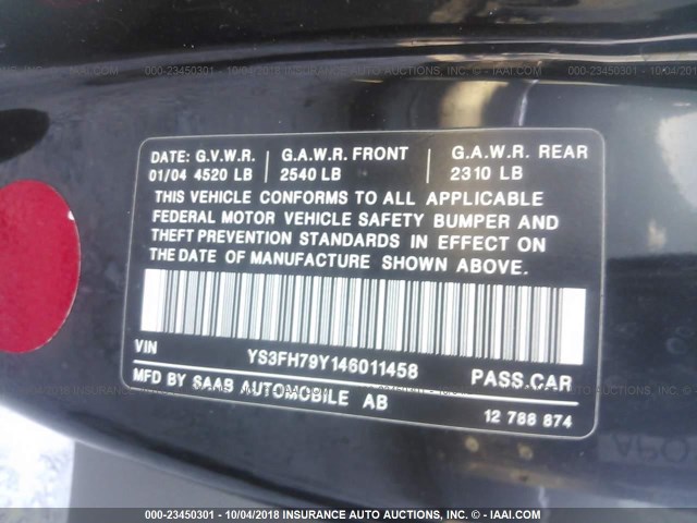 YS3FH79Y146011458 - 2004 SAAB 9-3 AERO BLACK photo 9