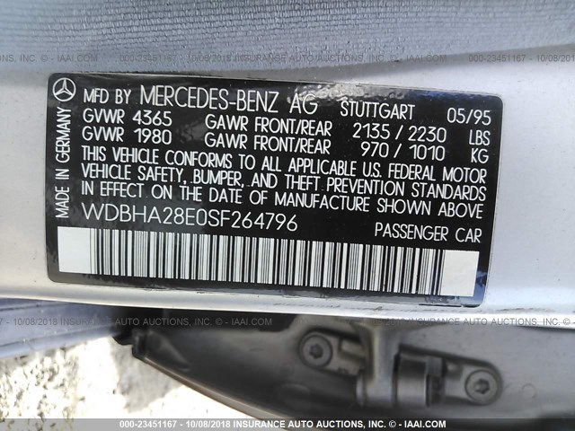 WDBHA28E0SF264796 - 1995 MERCEDES-BENZ C 280 SILVER photo 9