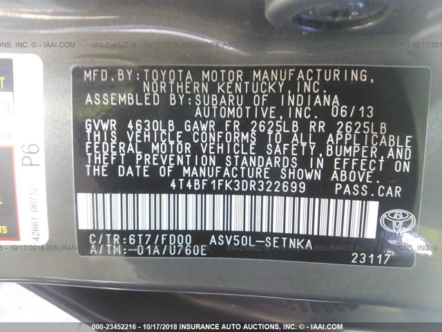 4T4BF1FK3DR322699 - 2013 TOYOTA CAMRY L/SE/LE/XLE GREEN photo 9