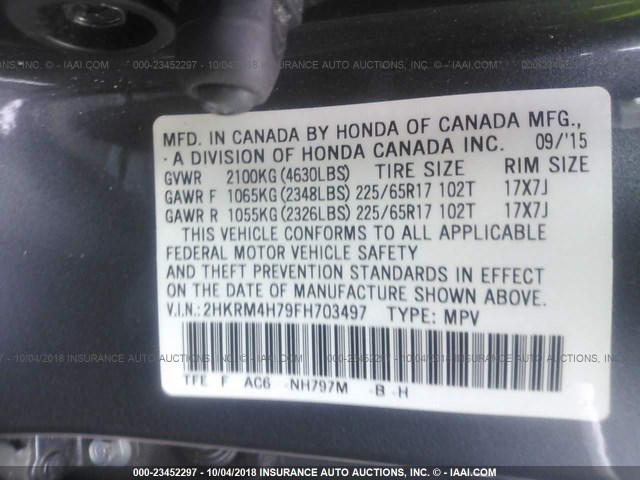 2HKRM4H79FH703497 - 2015 HONDA CR-V EXL GRAY photo 9