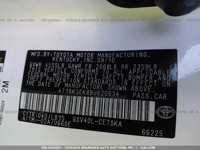 4T1BK3EK8BU620634 - 2011 TOYOTA CAMRY SE/LE/XLE WHITE photo 9