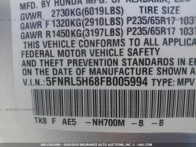 5FNRL5H68FB005994 - 2015 HONDA ODYSSEY EXL SILVER photo 9