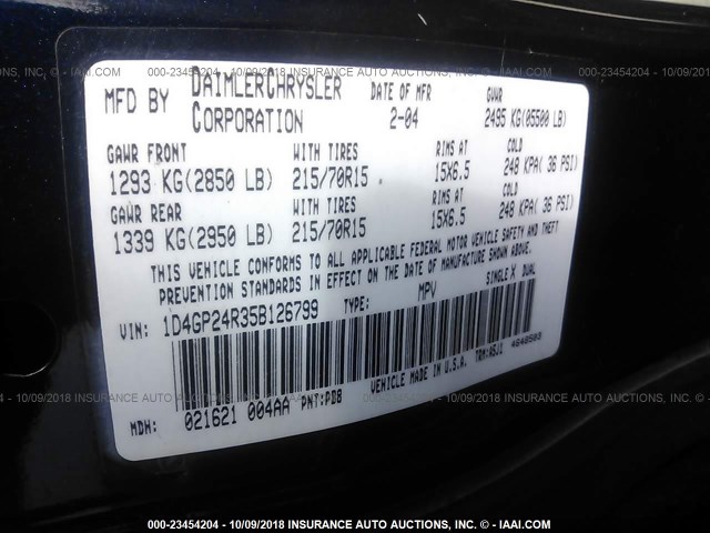 1D4GP24R35B126799 - 2005 DODGE GRAND CARAVAN SE BLUE photo 9