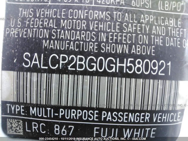 SALCP2BG0GH580921 - 2016 LAND ROVER DISCOVERY SPORT SE WHITE photo 9