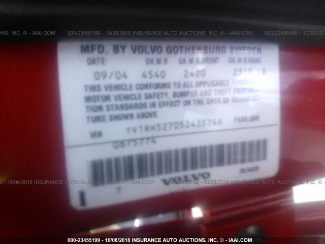 YV1RH527052435744 - 2005 VOLVO S60 R RED photo 9