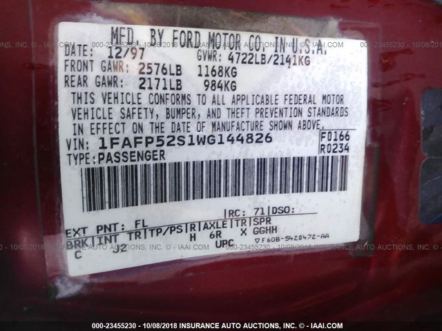 1FAFP52S1WG144826 - 1998 FORD TAURUS LX/SE RED photo 9