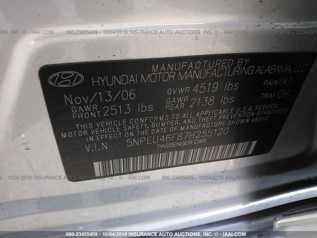 5NPEU46F87H255120 - 2007 HYUNDAI SONATA SE/LIMITED SILVER photo 9