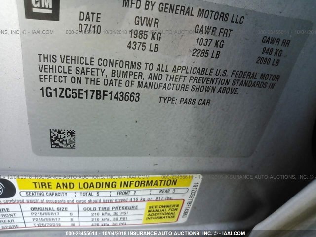 1G1ZC5E17BF143663 - 2011 CHEVROLET MALIBU 1LT SILVER photo 9