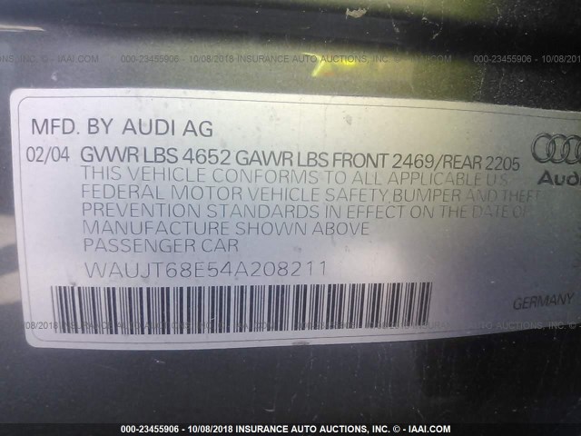 WAUJT68E54A208211 - 2004 AUDI A4 3.0 GRAY photo 9