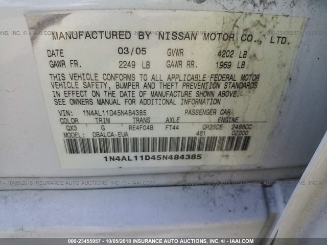 1N4AL11D45N484385 - 2005 NISSAN ALTIMA S/SL WHITE photo 9