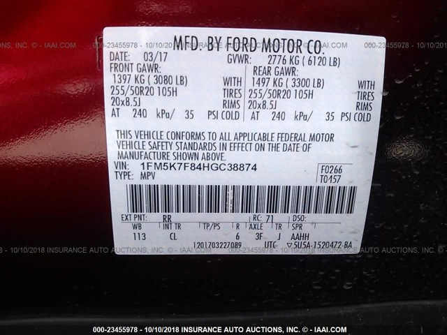 1FM5K7F84HGC38874 - 2017 FORD EXPLORER LIMITED RED photo 9