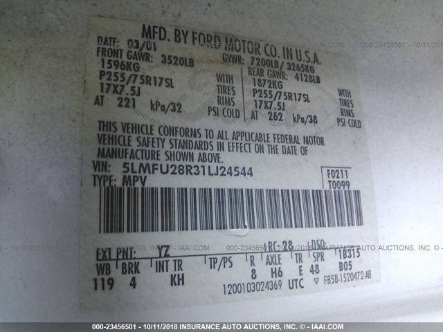 5LMFU28R31LJ24544 - 2001 LINCOLN NAVIGATOR Ақ фото 9