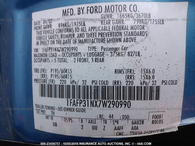 1FAFP31NX7W290990 - 2007 FORD FOCUS ZX3/S/SE/SES BLUE photo 9