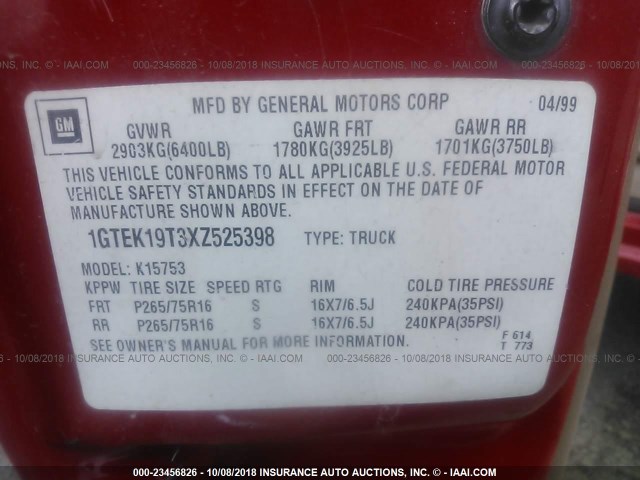 1GTEK19T3XZ525398 - 1999 GMC NEW SIERRA K1500 RED photo 9