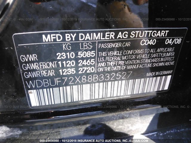 WDBUF72X88B332527 - 2008 MERCEDES-BENZ E 550 BLACK photo 9