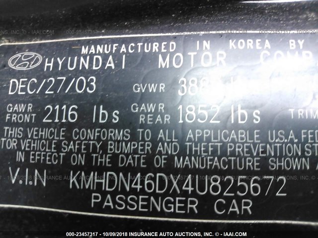 KMHDN46DX4U825672 - 2004 HYUNDAI ELANTRA GLS/GT BLACK photo 9