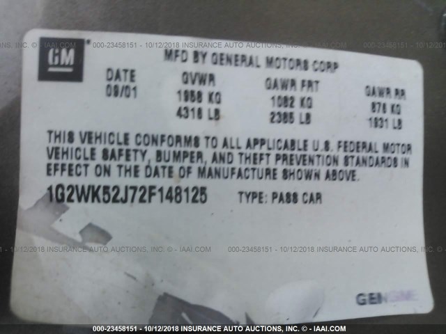 1G2WK52J72F148125 - 2002 PONTIAC GRAND PRIX SE 灰色 照片 9