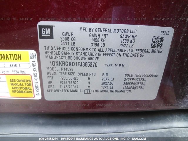 1GNKRGKD1FJ365370 - 2015 CHEVROLET TRAVERSE LT RED photo 9