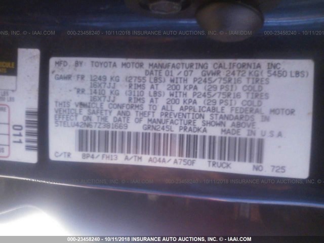 5TELU42N67Z381669 - 2007 TOYOTA TACOMA DOUBLE CAB 蓝色 照片 9