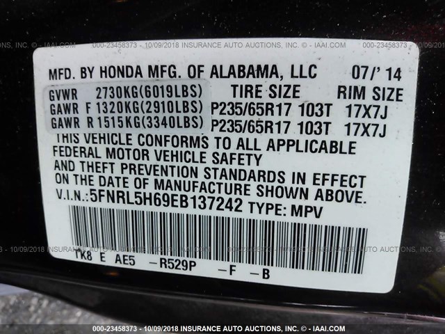 5FNRL5H69EB137242 - 2014 HONDA ODYSSEY EXL MAROON photo 9