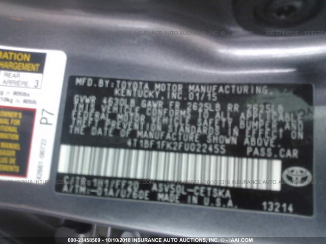 4T1BF1FK2FU022455 - 2015 TOYOTA CAMRY LE/XLE/SE/XSE GRAY photo 9