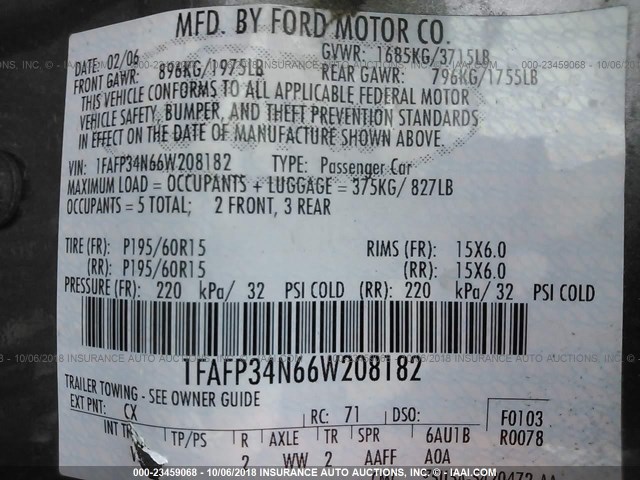 1FAFP34N66W208182 - 2006 FORD FOCUS ZX4 GRAY photo 9