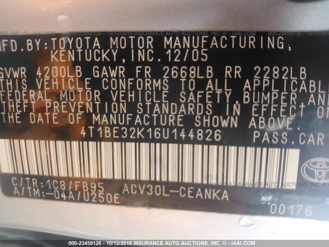 4T1BE32K16U144826 - 2006 TOYOTA CAMRY LE/XLE/SE SILVER photo 9