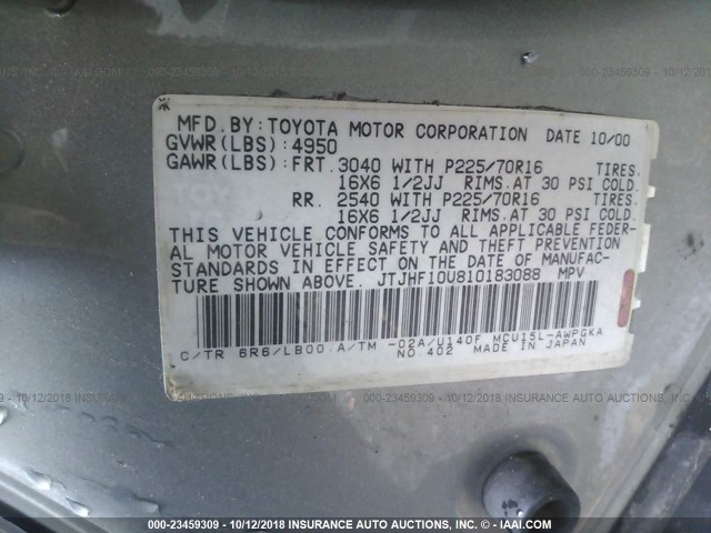 JTJHF10U810183088 - 2001 LEXUS RX 300 GRAY photo 9