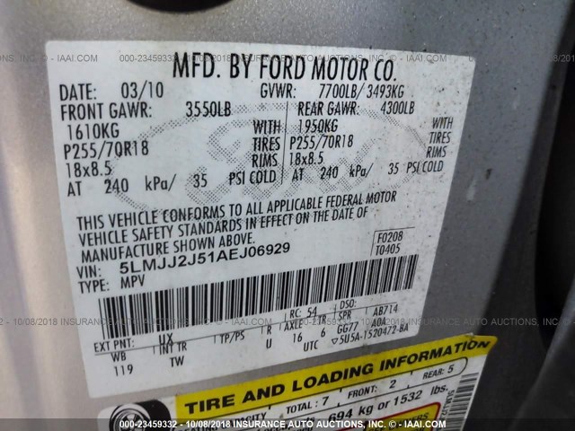 5LMJJ2J51AEJ06929 - 2010 LINCOLN NAVIGATOR SILVER photo 9